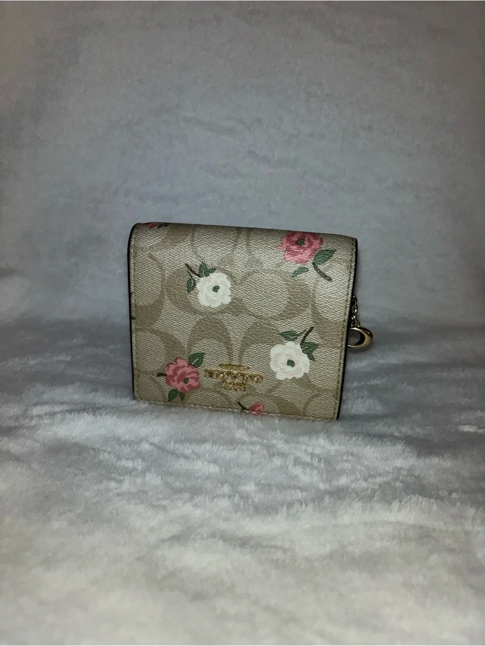 Coach Beige Signature Floral Zip Card Case with Gold Logo